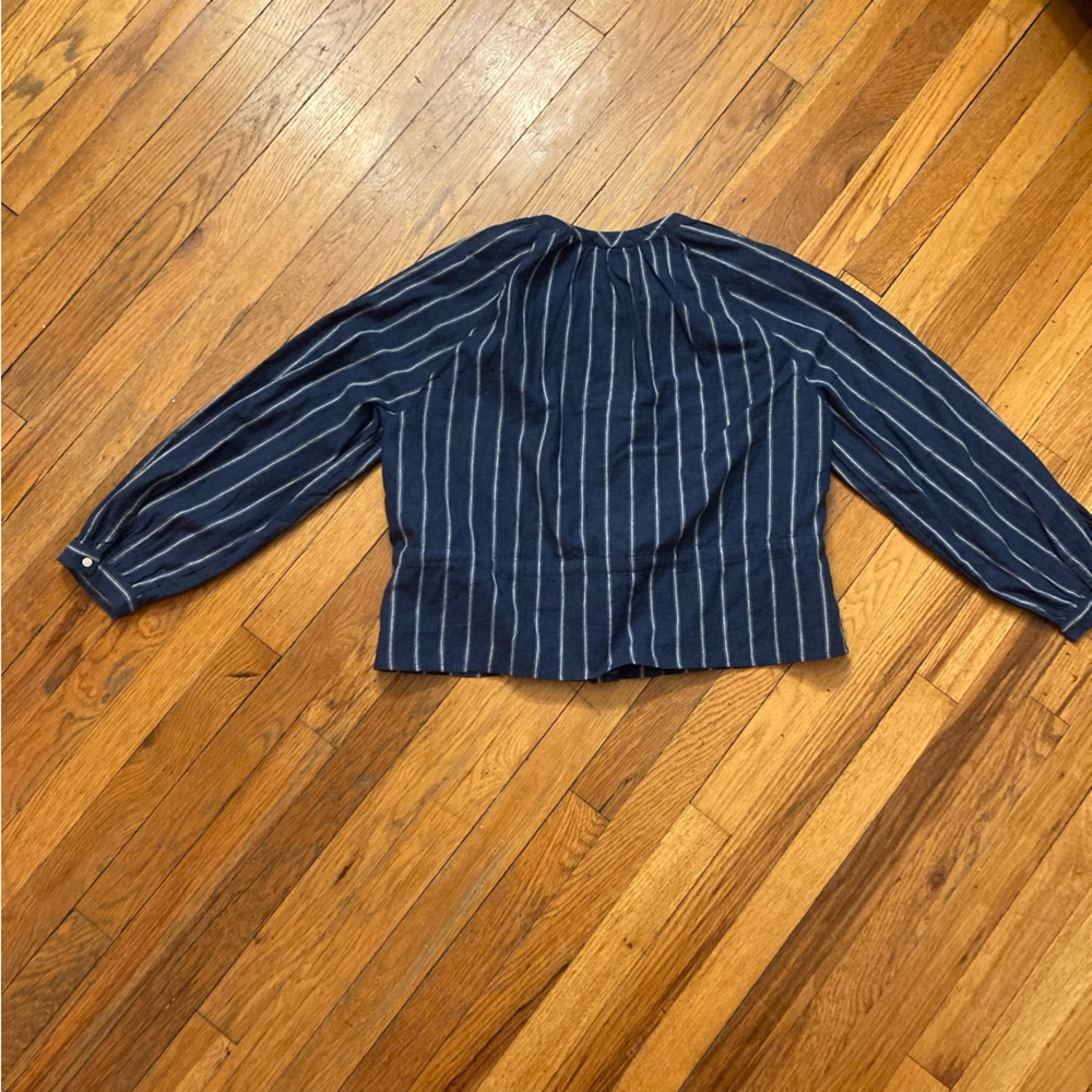 J. Crew Tie-Waist Navy White Stripe Linen-Blend Button-Up Long Sleeve Blouse 10P - Picture 4 of 8
